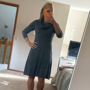 The Limited Charcoal Long Sleeve Sweater Dress with cowl neck.